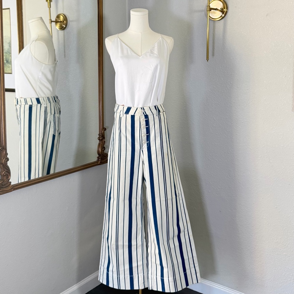 Anthropologie Striped Wide Leg Pants 12 Coastal Nautical Button Fly Sailor Vibe